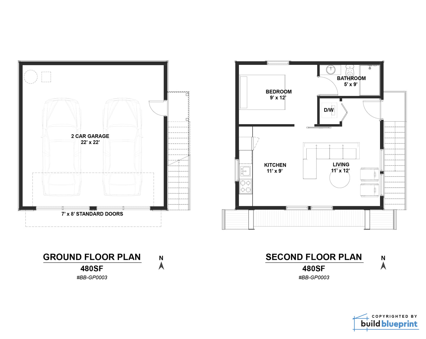 22'x22' Two Car ADU Garage Loft Architectural Plans