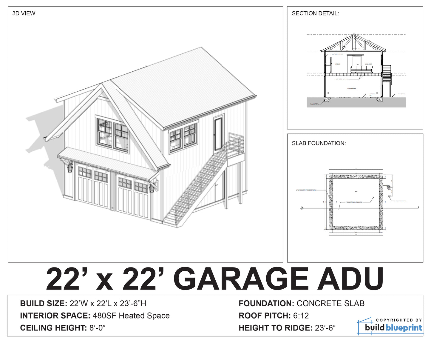 22'x22' Two Car ADU Garage Loft Architectural Plans