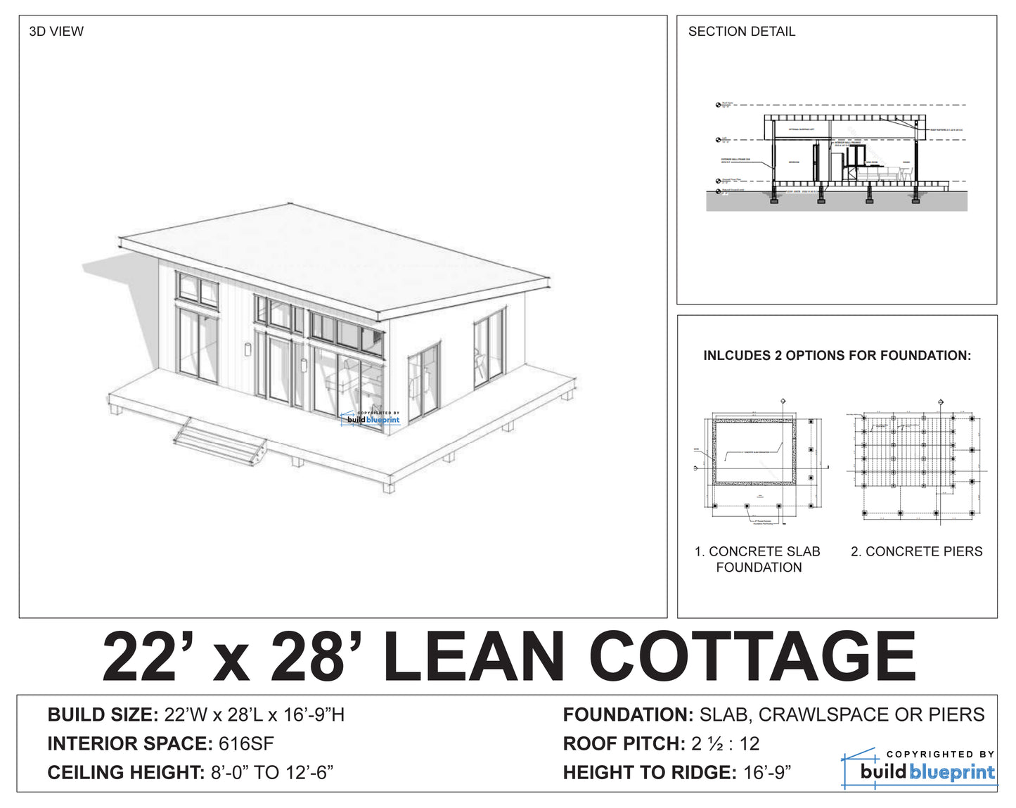 22' x 28' Lean Cottage Architectural Plans
