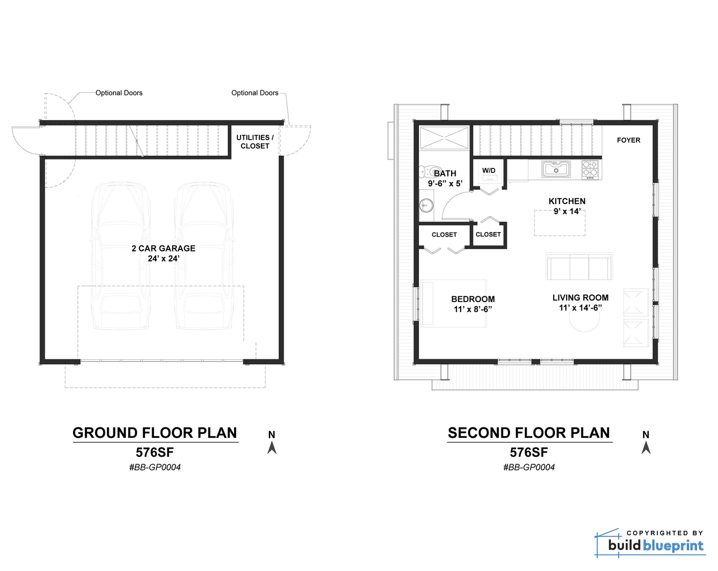 24'x24' Two Car ADU Garage Loft Architectural Plans