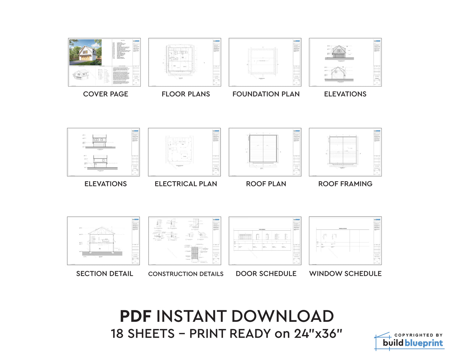 24'x24' Two Car ADU Garage Loft Architectural Plans