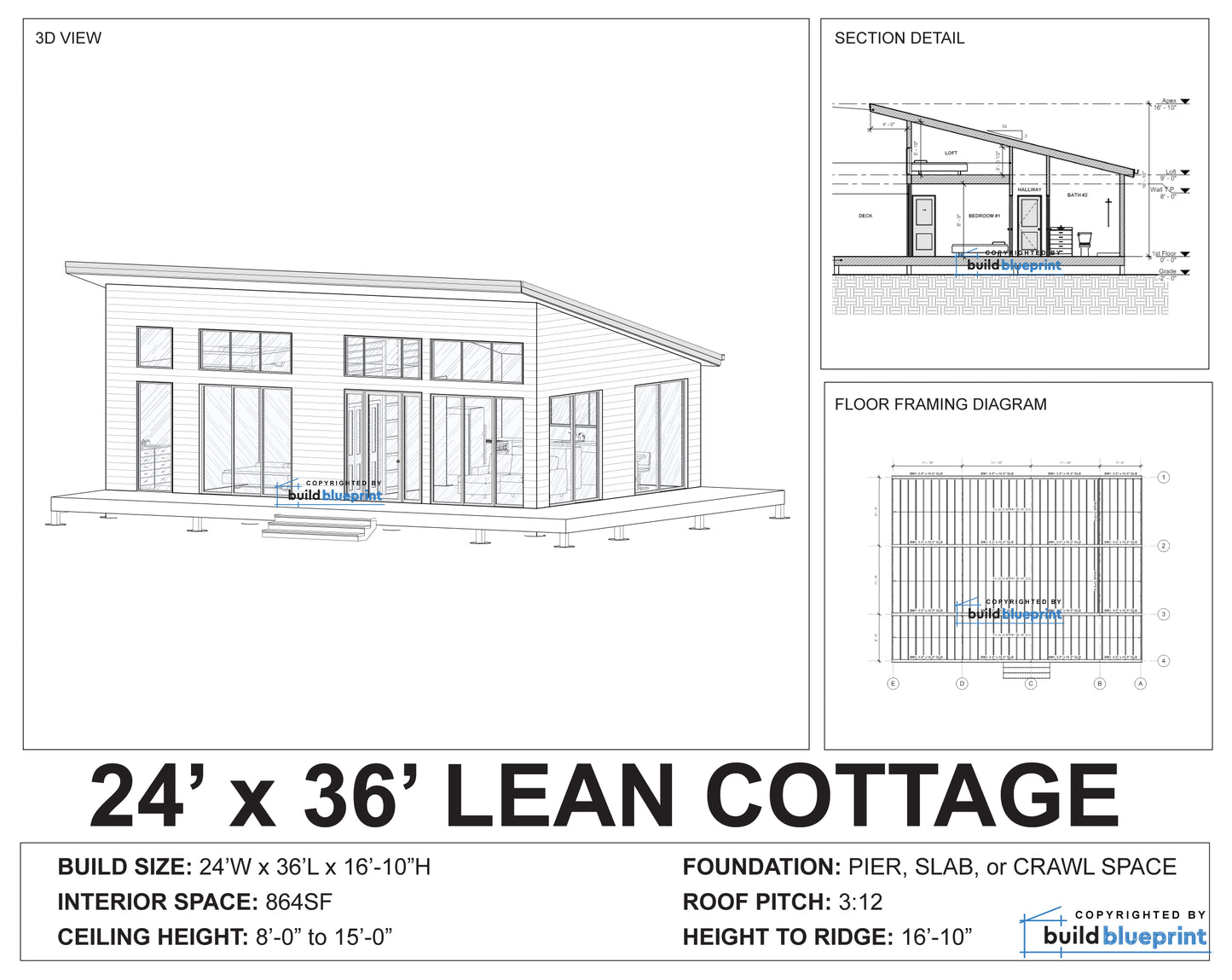 24' x 36' Lean Cottage Architectural Plans