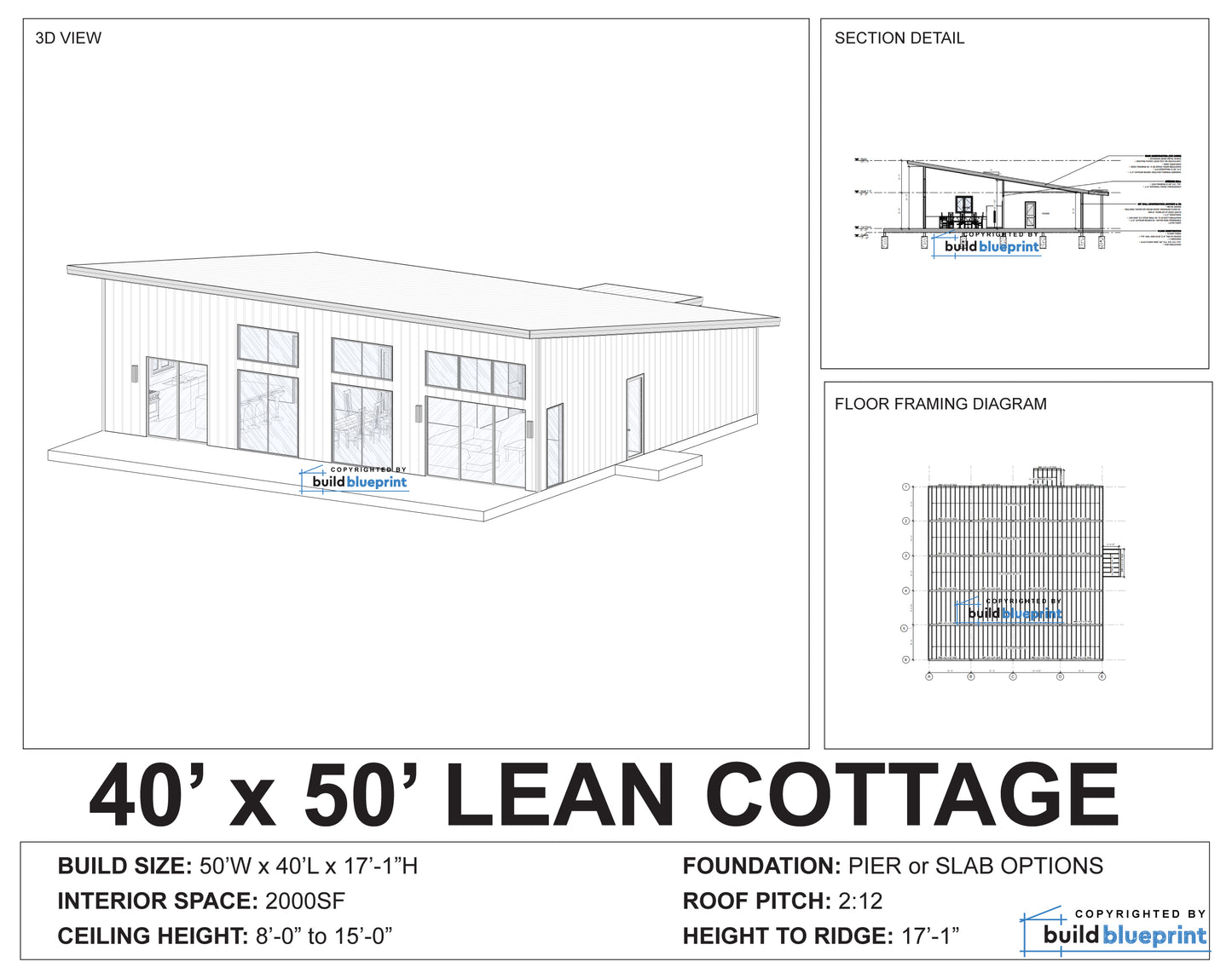40' x 50' Lean Cottage Architectural Plans