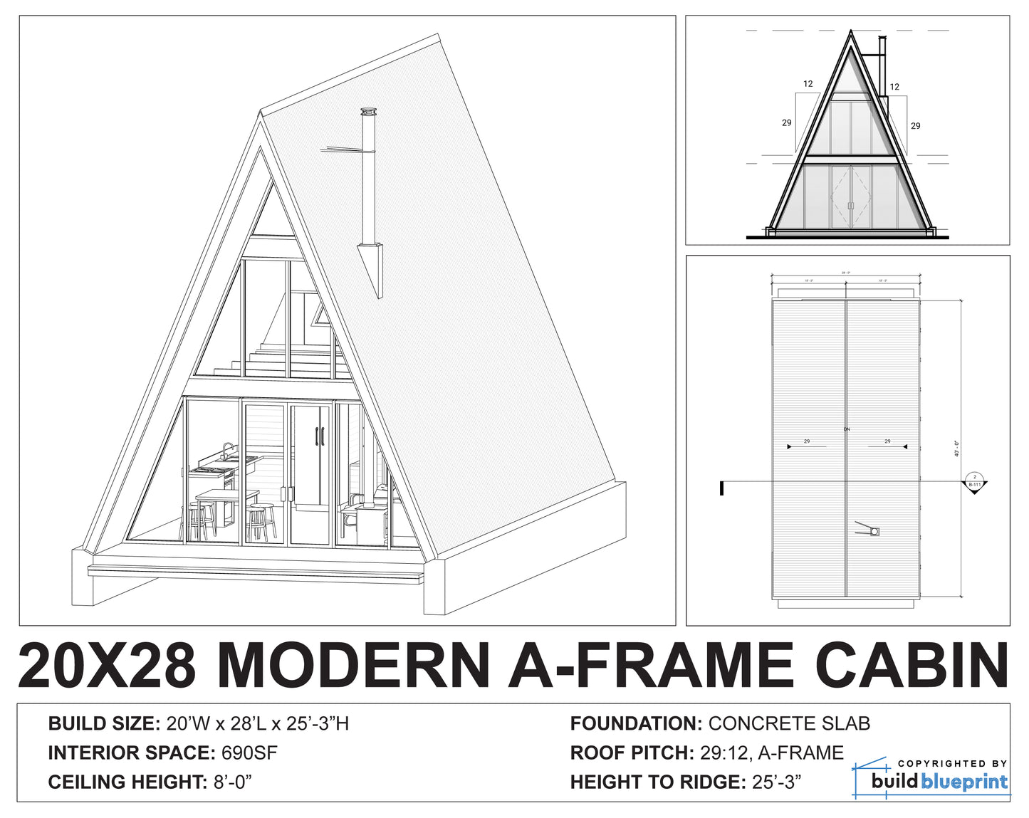20' x 28' Modern A-Frame Cabin Architectural Plans
