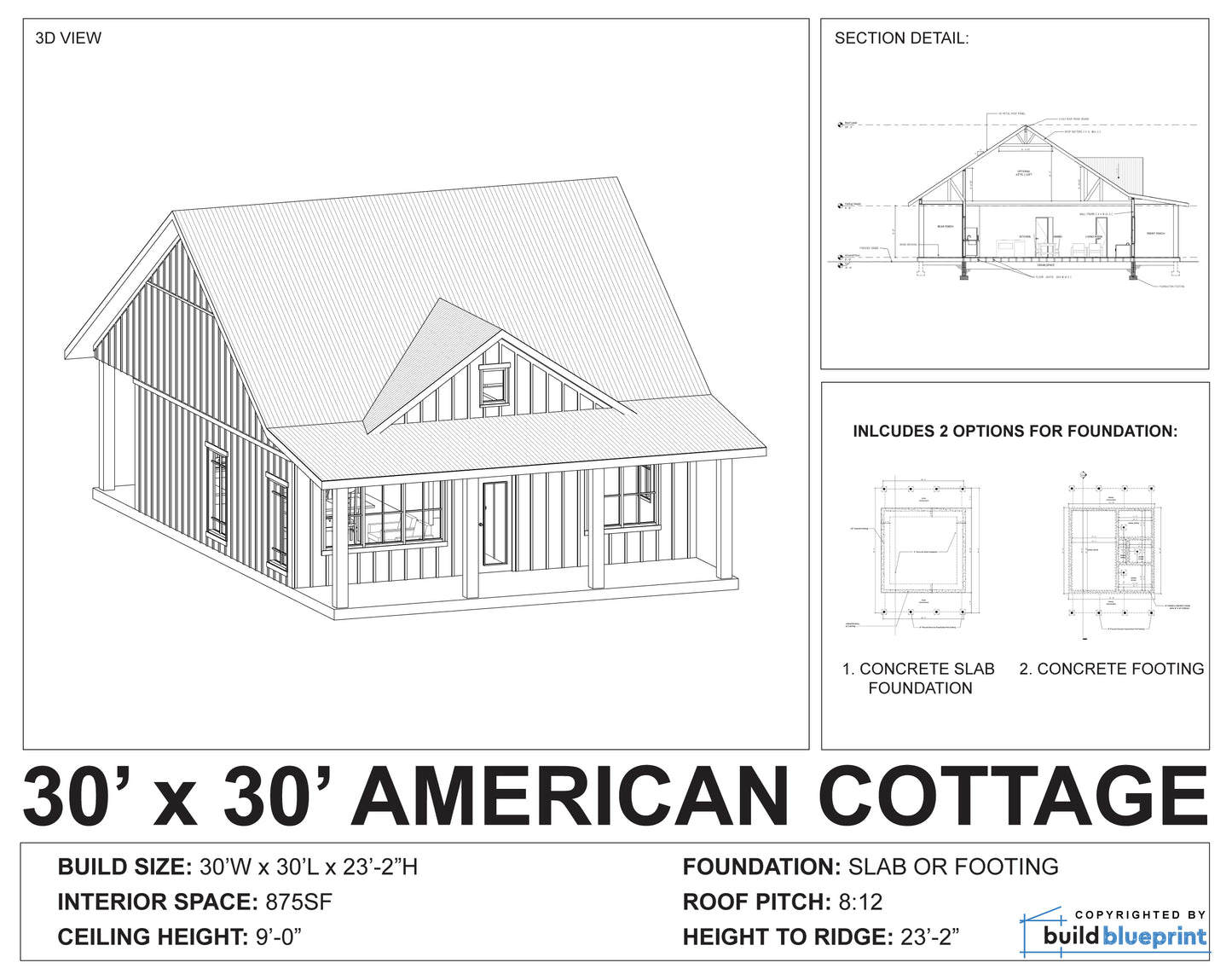30' x 30' American Cottage Architectural Plans