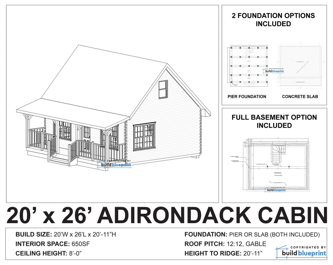 Adirondack cabin exterior rendering showing scale