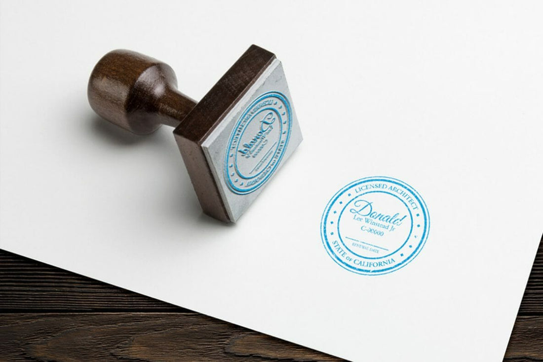 architect's seal stamping on blueprint drawings