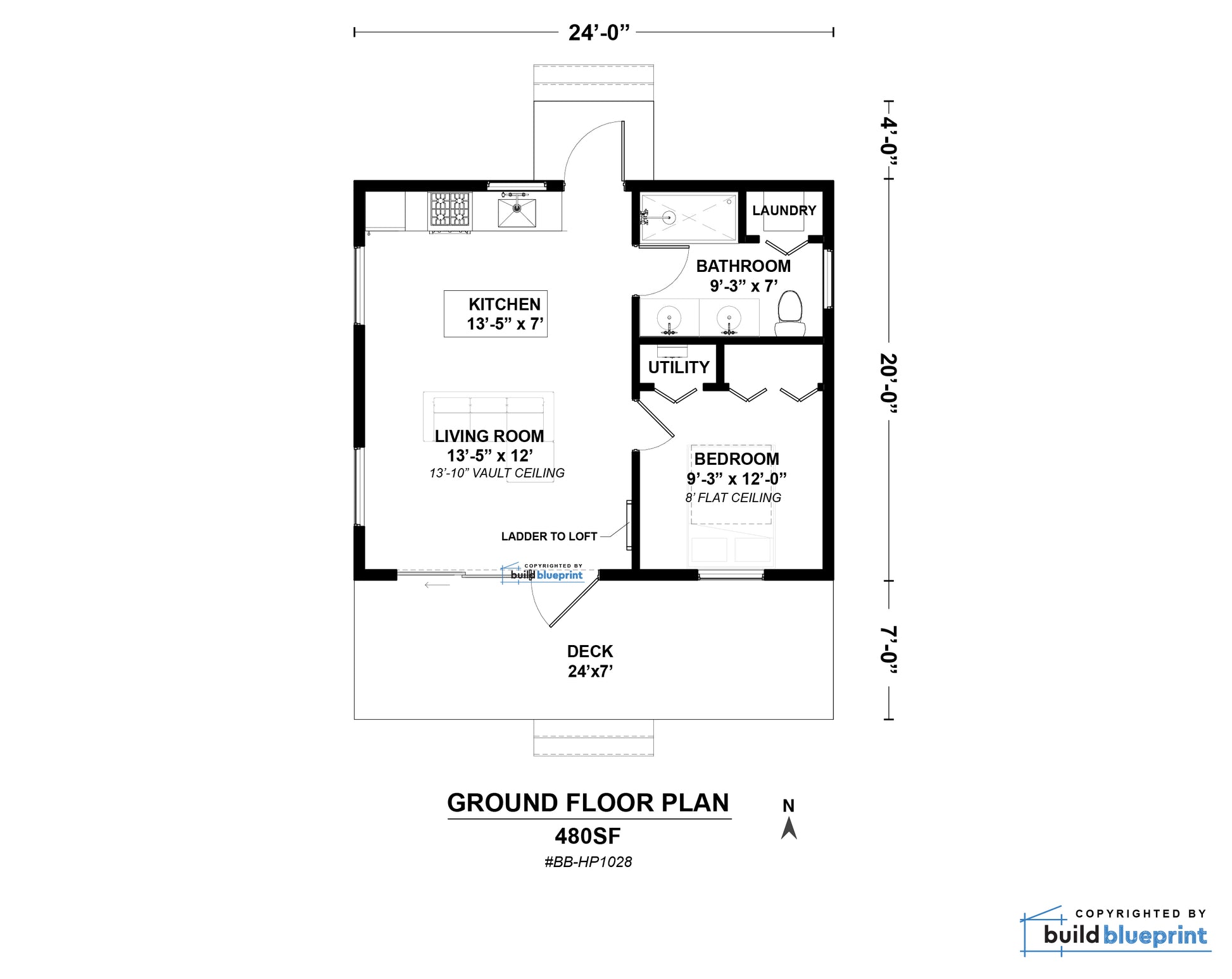 Ground floor plan layout diagram for a 480SF home, showing room dimensions, labels for kitchen, living room, bedroom, bathroom, utility, laundry, and deck, with overall building dimensions.