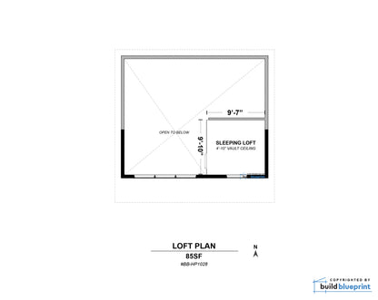 A black-and-white architectural floor plan labeled 'LOFT PLAN' with a sleeping loft section, dimensions including 9'-7" and 6'-10".