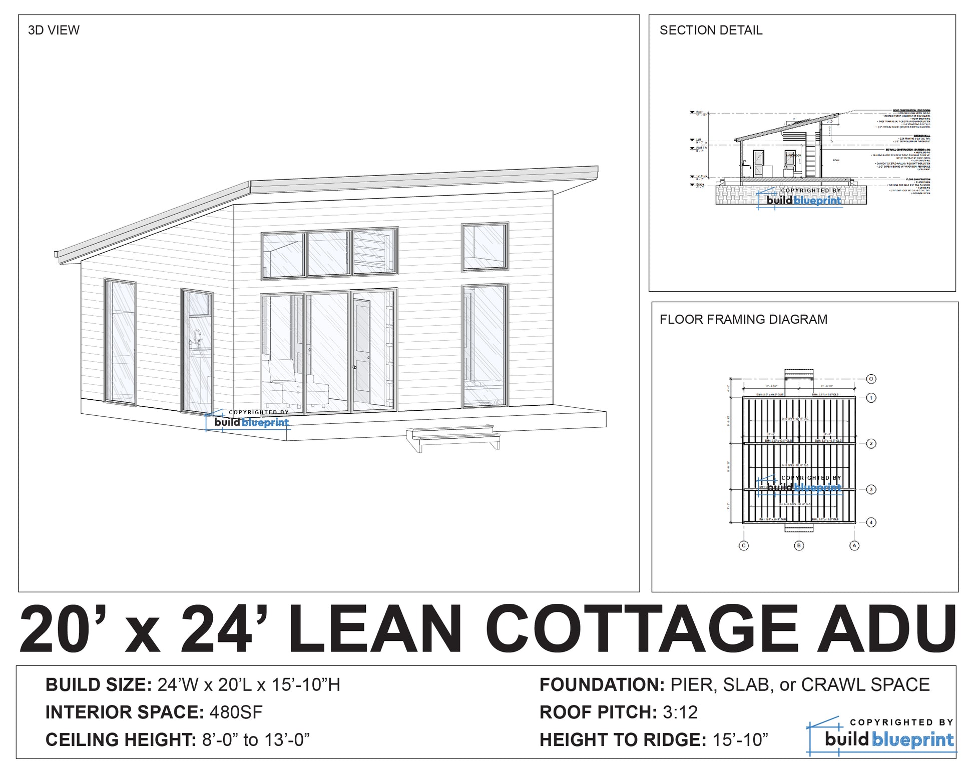 Architectural blueprint and measurement chart for a 20' x 24' lean cottage ADU, showing a 3D house model, section detail, floor framing diagram, and specifications on a white background.