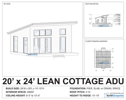 Architectural blueprint and measurement chart for a 20' x 24' lean cottage ADU, showing a 3D house model, section detail, floor framing diagram, and specifications on a white background.
