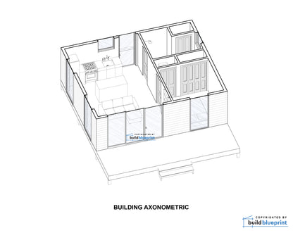 An axonometric line drawing of a small modular home or cabin with interior rooms visible, shown on a white background with the text 'BUILDING AXONOMETRIC' below and a 'build blueprint' mark in the lower right.