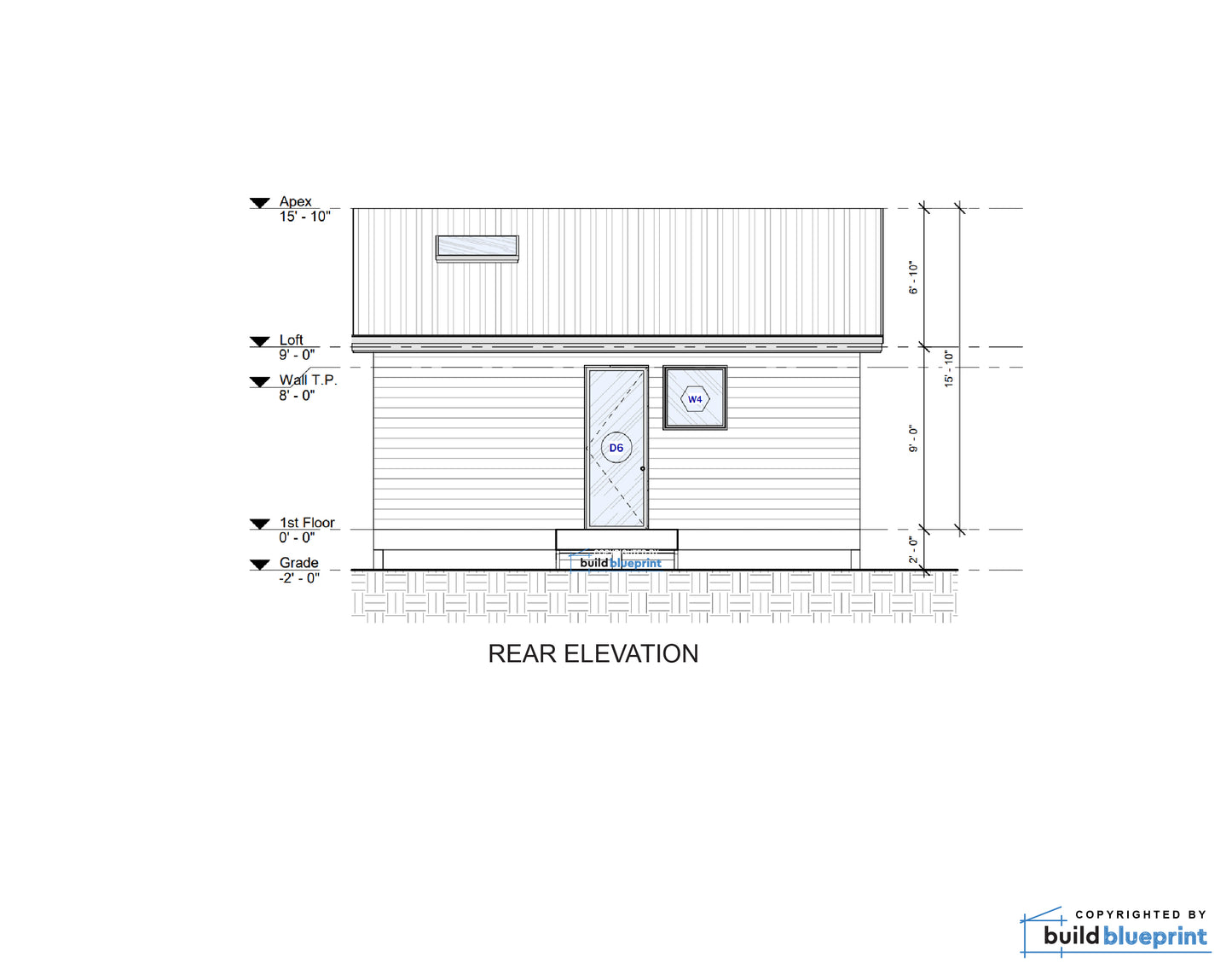 A technical architectural elevation drawing showing the rear elevation of a house with dimensions, labels, and a small Build Blueprint copyright mark in the bottom right corner.