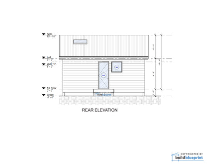 A technical architectural elevation drawing showing the rear elevation of a house with dimensions, labels, and a small Build Blueprint copyright mark in the bottom right corner.