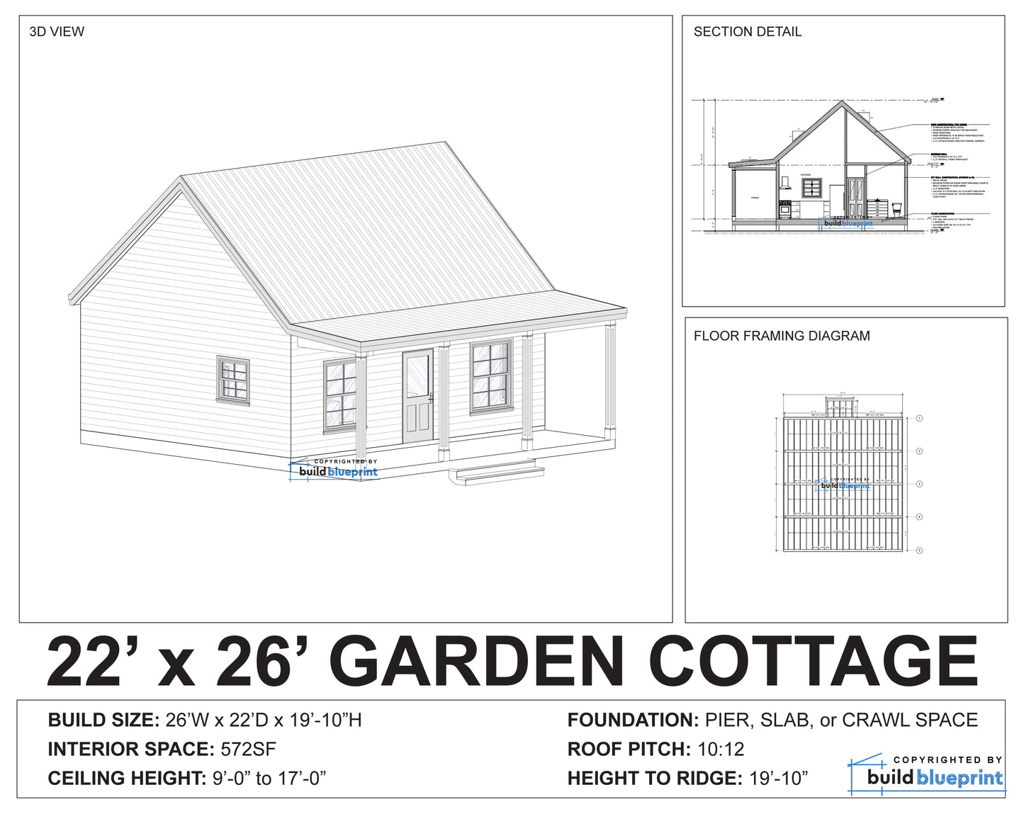 22' x 26' Garden Cottage Architectural Plans