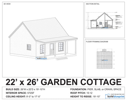 22' x 26' Garden Cottage Architectural Plans