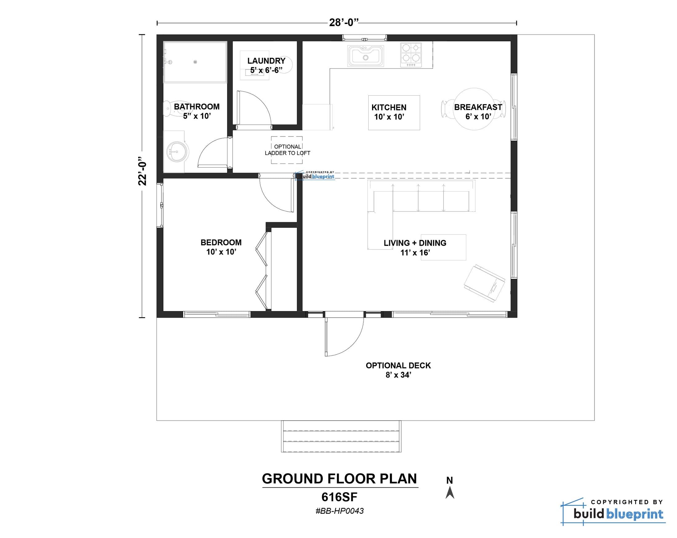 22' x 28' Lean Cottage Architectural Plans – Build Blueprint