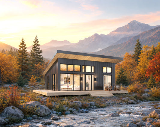 Modern minimalist cabin with dark wood siding and large glass windows, situated on a wooden deck beside a rocky stream with autumn trees and mountains in the background.