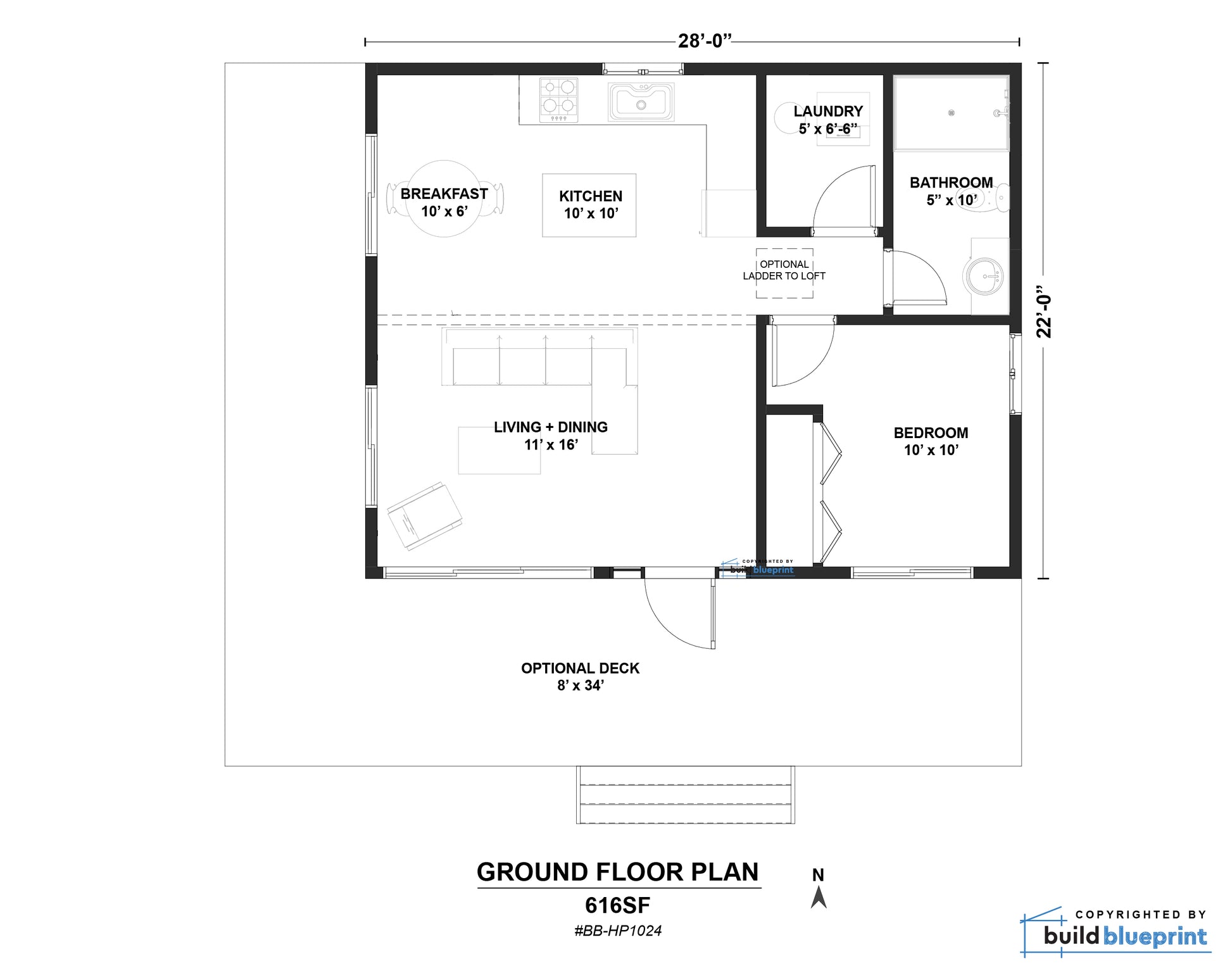 A floor plan layout diagram for a ground floor plan of 616SF, showing room dimensions, labels for each room, and measurements on a white background with a Build a Blueprint logo in the bottom right corner.