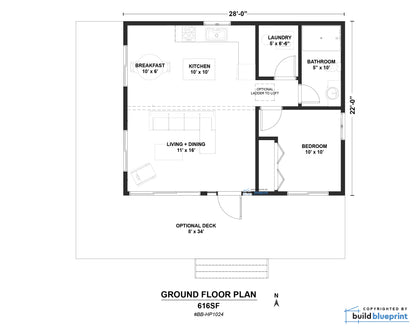 A floor plan layout diagram for a ground floor plan of 616SF, showing room dimensions, labels for each room, and measurements on a white background with a Build a Blueprint logo in the bottom right corner.