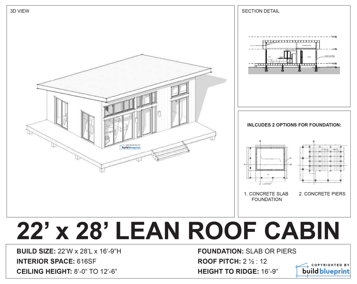 A black and white architectural blueprint-style product graphic showing a lean roof cabin with a 3D perspective view, section detail, foundation options, and text listing dimensions and specifications.