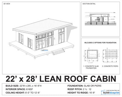A black and white architectural blueprint-style product graphic showing a lean roof cabin with a 3D perspective view, section detail, foundation options, and text listing dimensions and specifications.