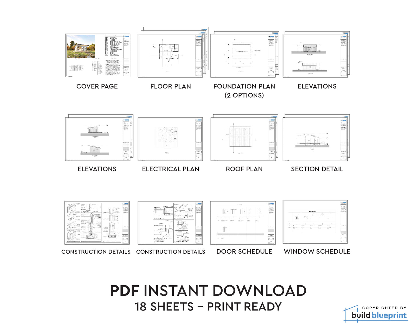 A digital product preview sheet showing architectural plan pages labeled for a PDF instant download, including cover page, floor plan, foundation plan, elevations, electrical plan, roof plan, section detail, construction details, door schedule, window schedule, and a note that 18 sheets are print ready. A small 'buildblueprint' mark appears in the bottom right corner.