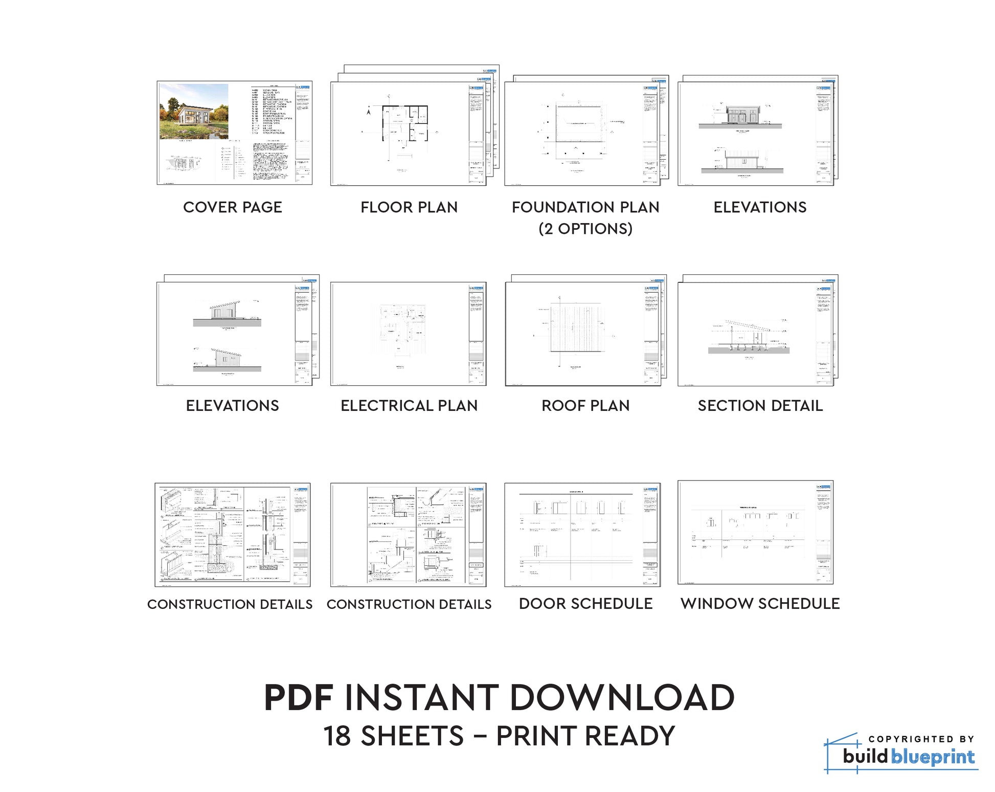 A digital product preview sheet showing architectural plan pages labeled for a PDF instant download, including cover page, floor plan, foundation plan, elevations, electrical plan, roof plan, section detail, construction details, door schedule, window schedule, and a note that 18 sheets are print ready. A small 'buildblueprint' mark appears in the bottom right corner.
