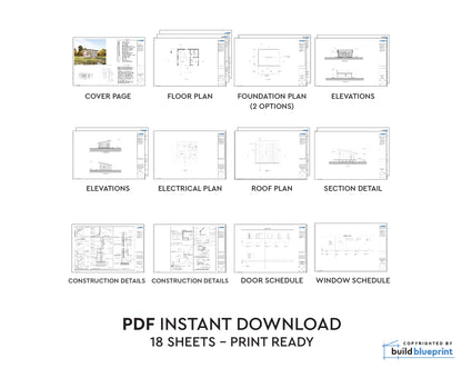 A digital product preview sheet showing architectural plan pages labeled for a PDF instant download, including cover page, floor plan, foundation plan, elevations, electrical plan, roof plan, section detail, construction details, door schedule, window schedule, and a note that 18 sheets are print ready. A small 'buildblueprint' mark appears in the bottom right corner.