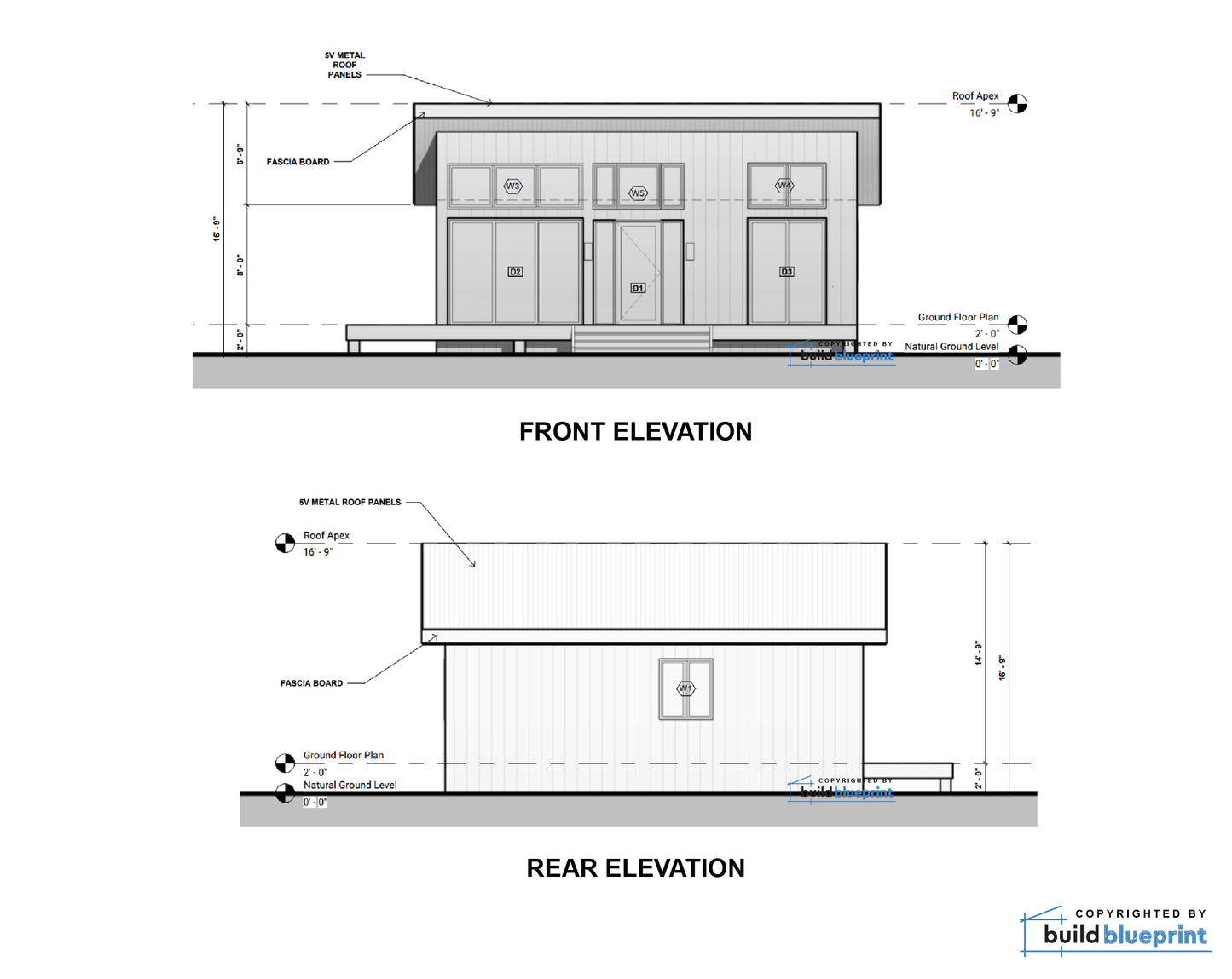 Architectural elevation drawings of a small metal shed or workshop, showing front and rear elevation views with dimensions, labels, and a Build Blueprint copyright mark.
