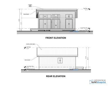 Architectural elevation drawings of a small metal shed or workshop, showing front and rear elevation views with dimensions, labels, and a Build Blueprint copyright mark.