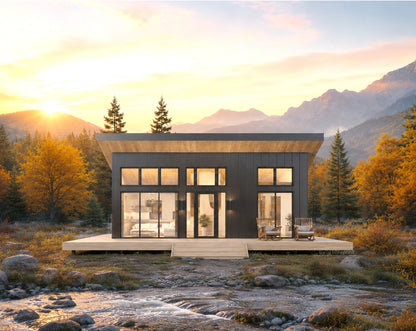 A modern single-story cabin with a dark gray exterior and large glass windows, situated on a wooden deck in a mountainous forest at sunset. A small stream and rocks are visible in the foreground.