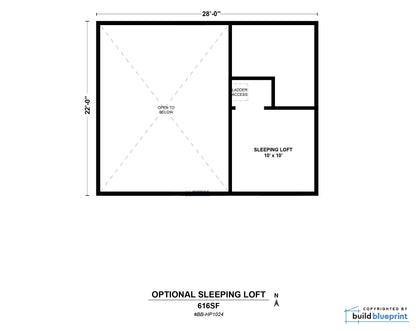 A black-and-white floor plan diagram showing an optional sleeping loft layout with dimensions, including a main room labeled 22'0" by 28'0" and a smaller sleeping loft room labeled 10' x 10".