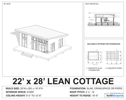 22' x 28' Lean Cottage Architectural Plans