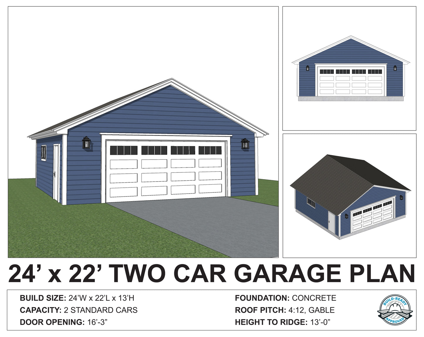 A digital architectural plan and rendering of a two-car garage. The main large rendering shows a blue-sided garage with white garage doors, a gray driveway, and green lawn.