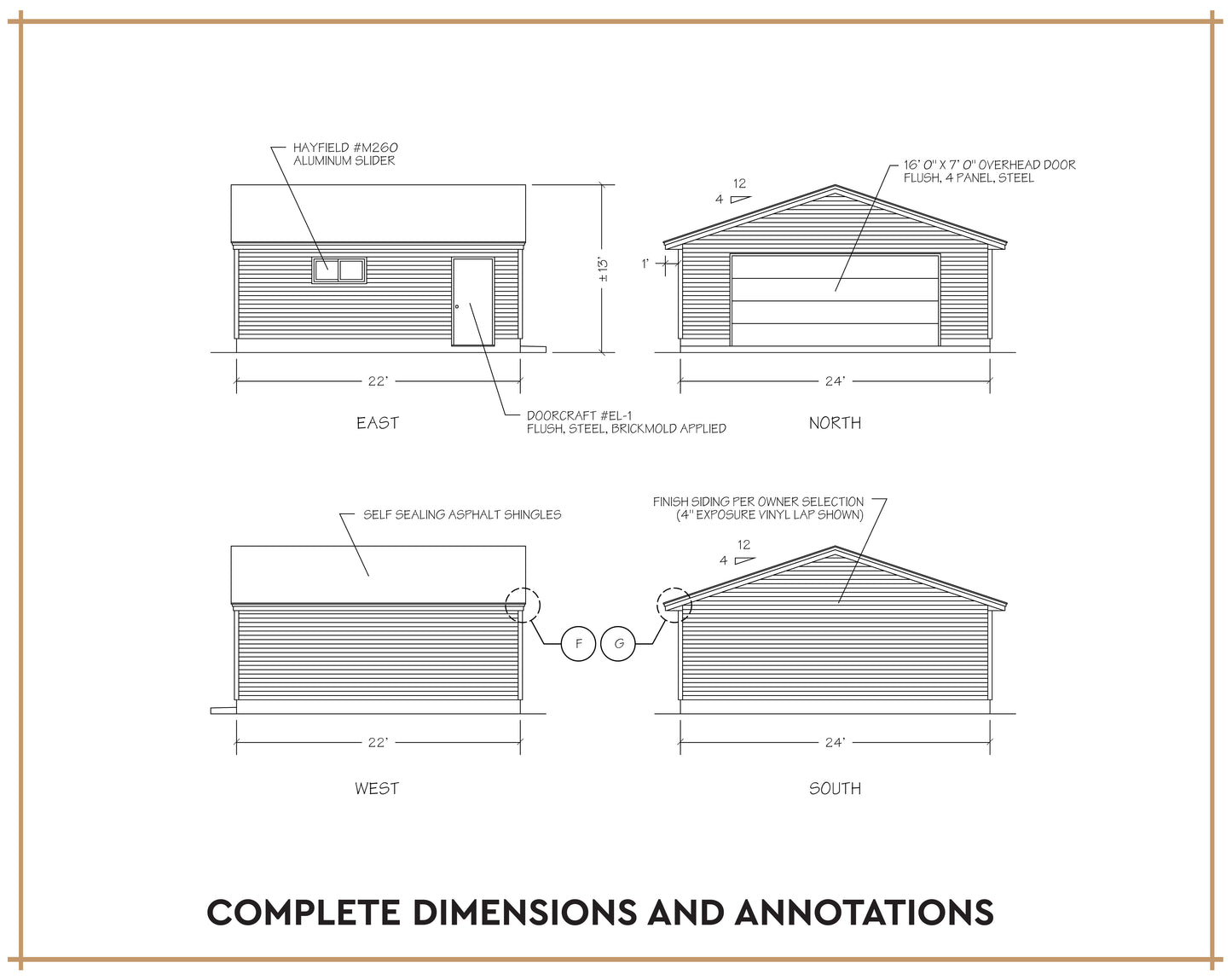 Architectural dimension diagram of a single-story house showing front, rear, and side elevations with measurements and labels on a white background with a thin border.