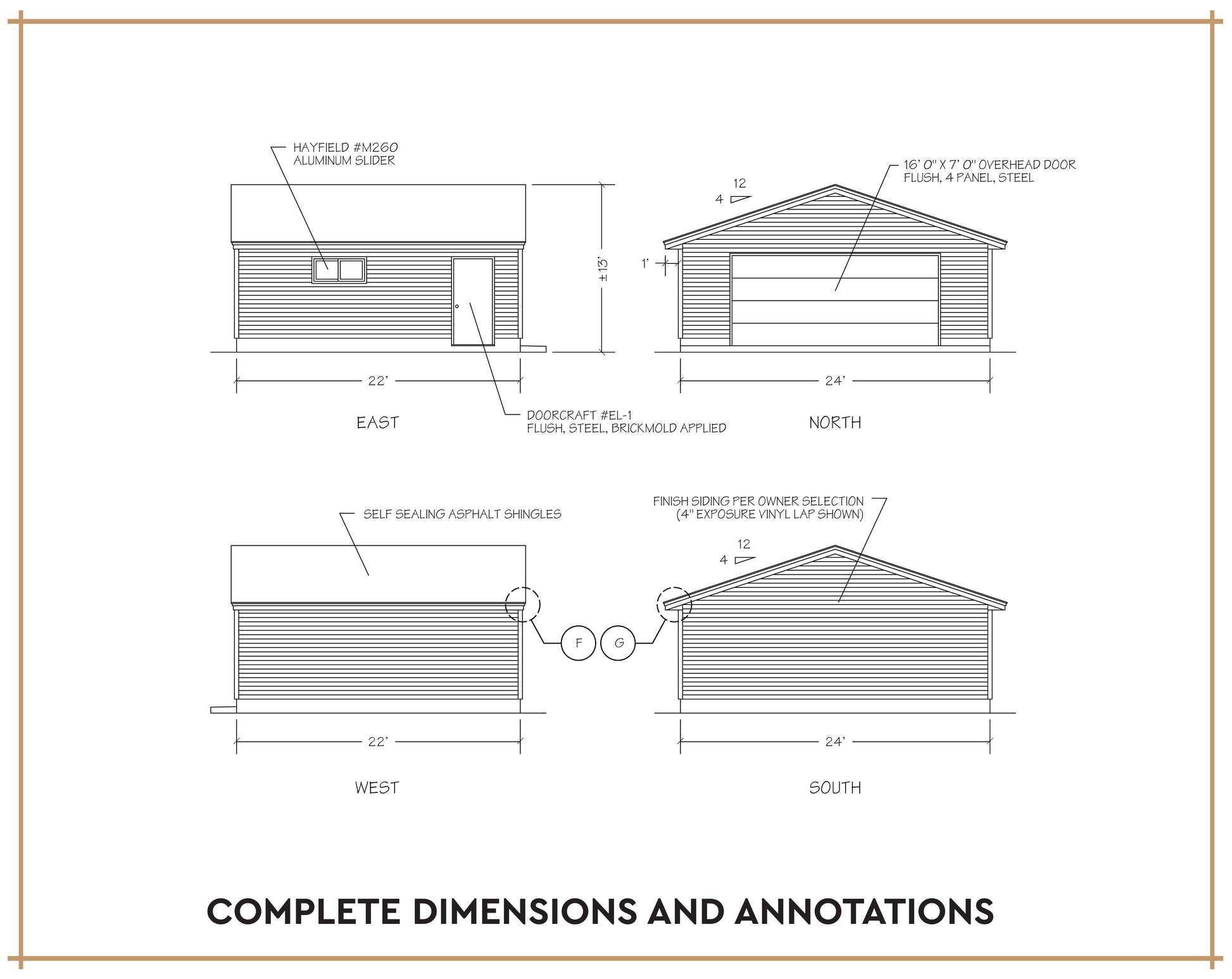 Architectural dimension diagram of a single-story house showing front, rear, and side elevations with measurements and labels on a white background with a thin border.