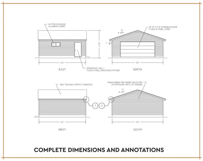 Architectural dimension diagram of a single-story house showing front, rear, and side elevations with measurements and labels on a white background with a thin border.