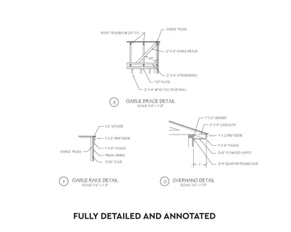 Annotated technical drawing sheet showing gable brace and gable rake details with labeled callouts and dimensions on a white background.