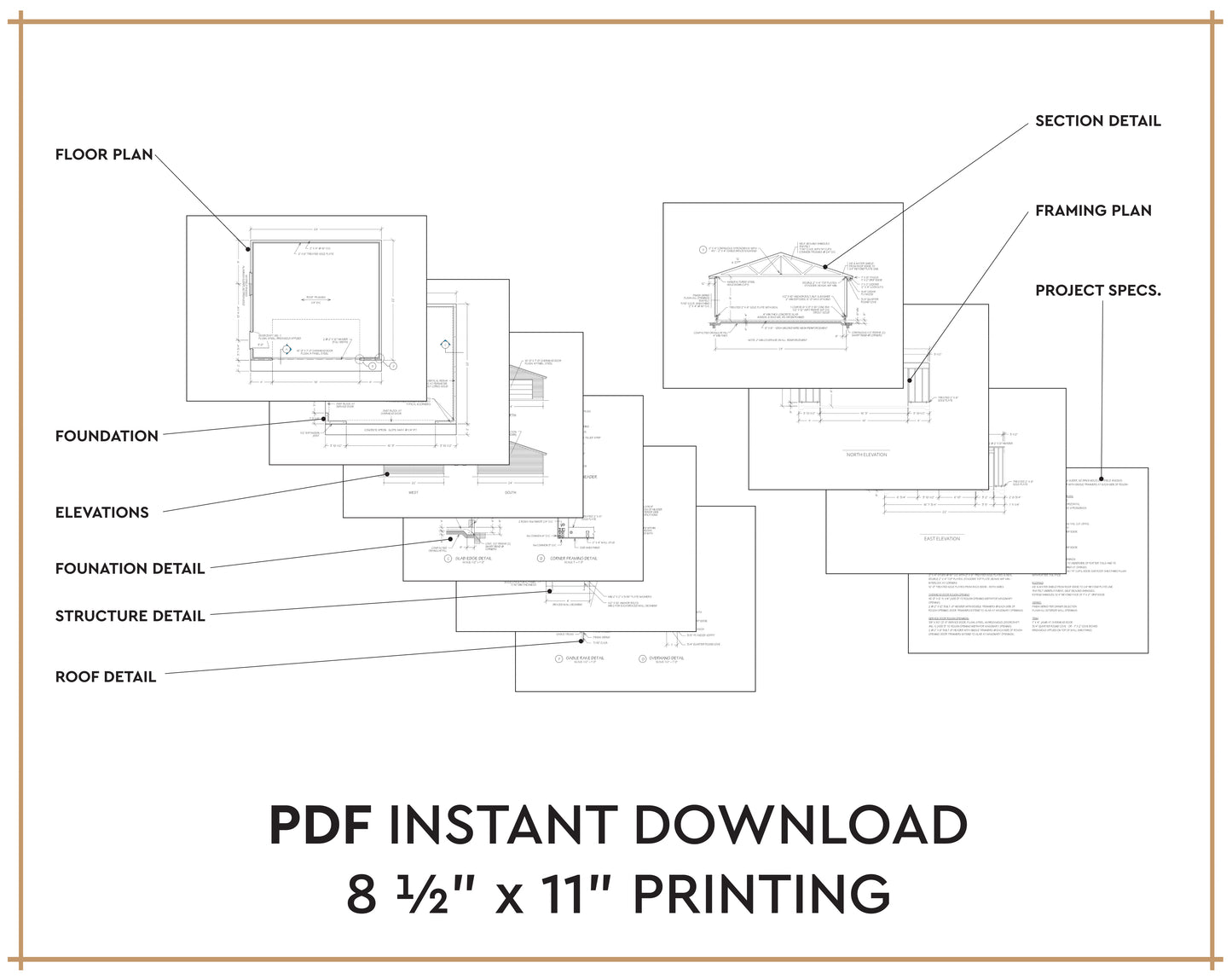 A digital listing graphic for a PDF instant download of architectural floor plans. The graphic shows several labeled plan pages including floor plan, foundation, elevations, structure detail, roof detail, section detail, framing plan, and project specs, arranged on a white background with a thin tan border.