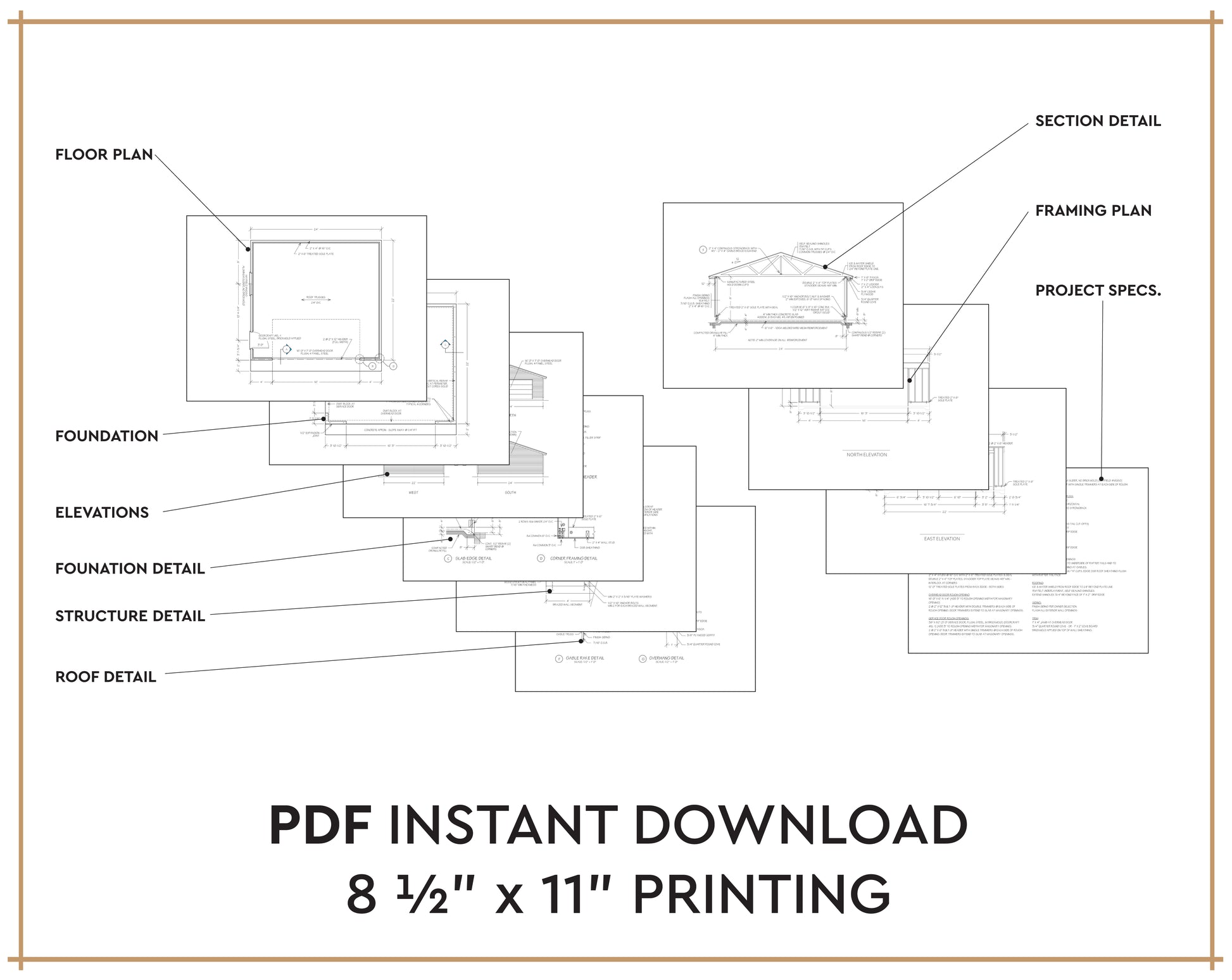 A digital listing graphic for a PDF instant download of architectural floor plans. The graphic shows several labeled plan pages including floor plan, foundation, elevations, structure detail, roof detail, section detail, framing plan, and project specs, arranged on a white background with a thin tan border.