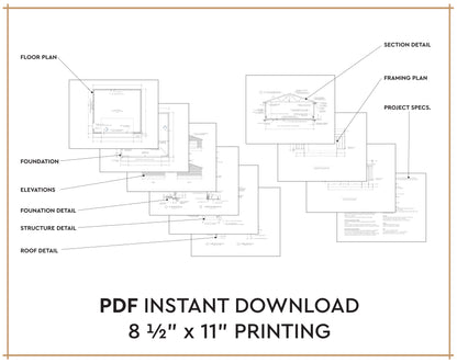 A digital listing graphic for a PDF instant download of architectural floor plans. The graphic shows several labeled plan pages including floor plan, foundation, elevations, structure detail, roof detail, section detail, framing plan, and project specs, arranged on a white background with a thin tan border.