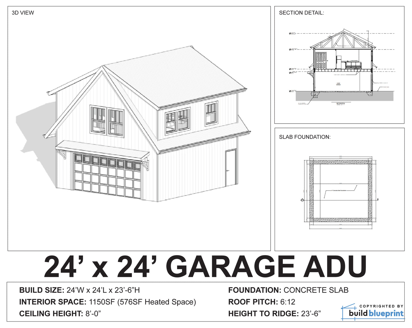 24'x24' Two Car ADU Garage Loft Architectural Plans