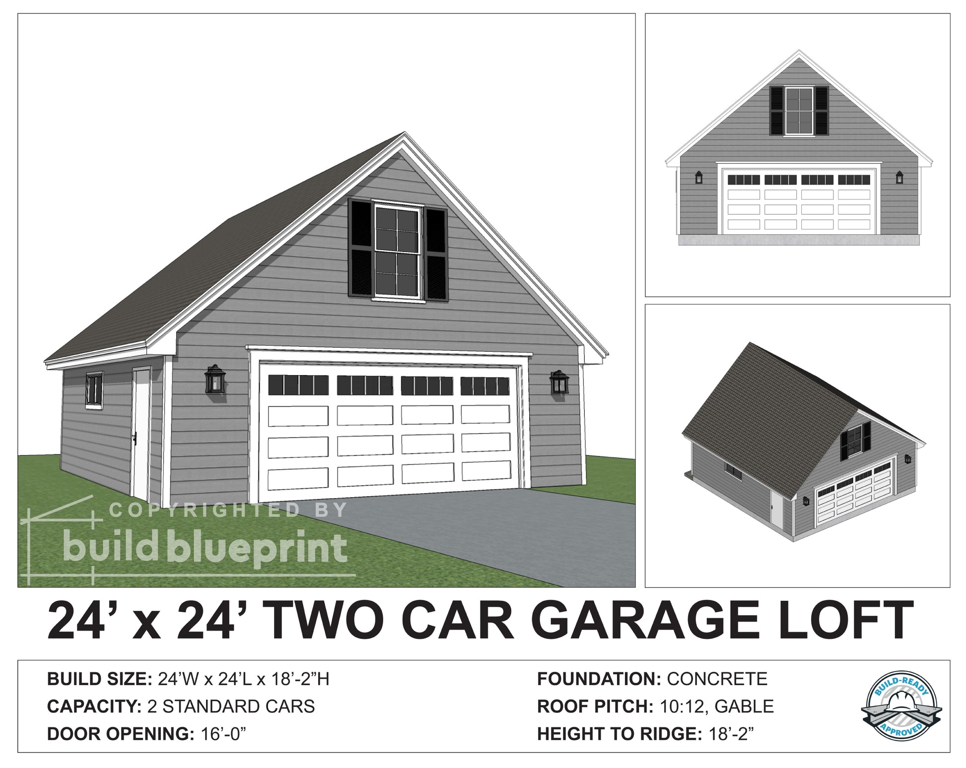 Architectural house plan and elevation drawings for a two-car garage loft, showing front, back, and angled views with dimensions and specifications on a white background.