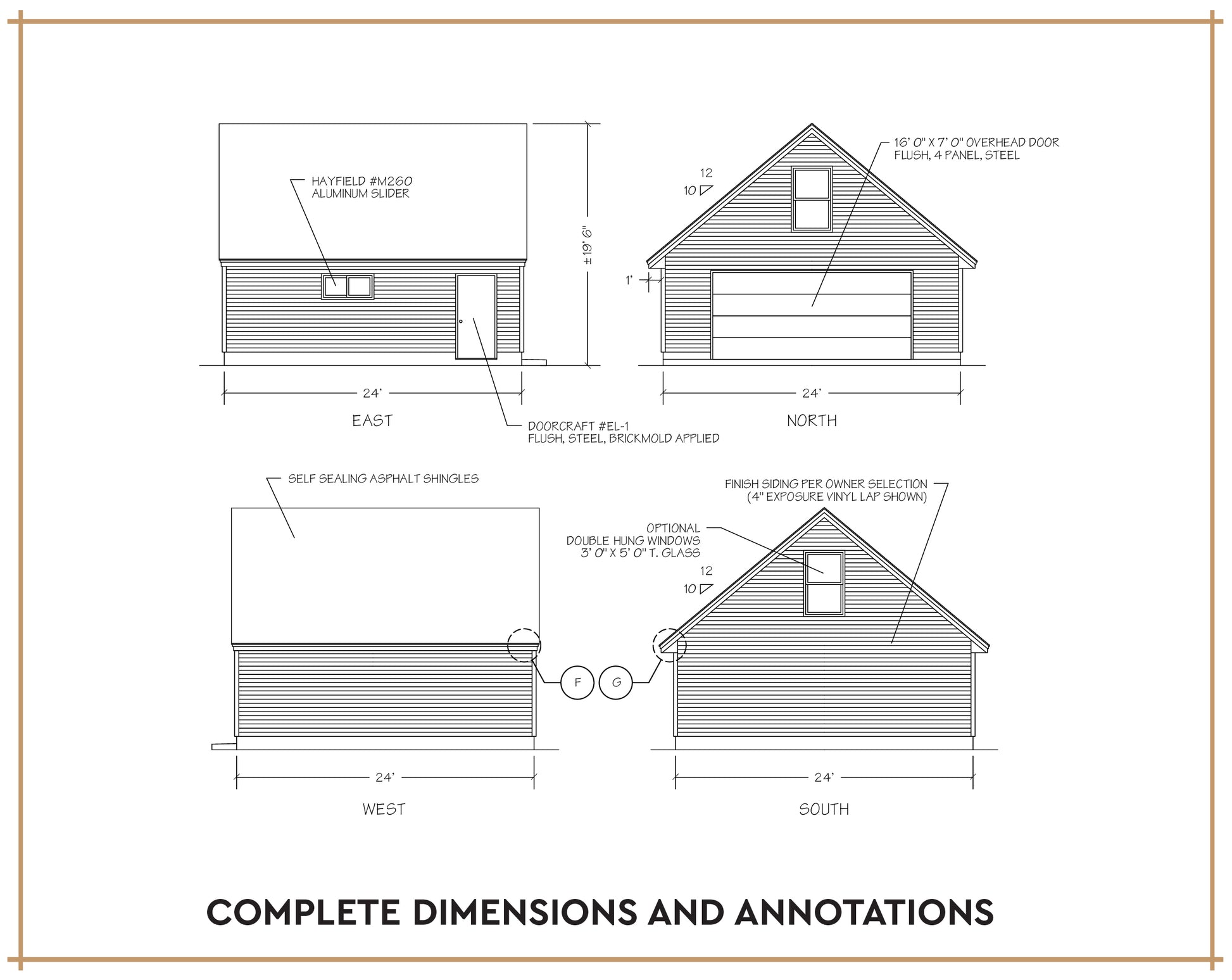 Architectural house plan diagram with front, side, and rear elevation views, labeled with dimensions and annotations such as east, north, west, and south sides. The image includes the text 'COMPLETE DIMENSIONS AND ANNOTATIONS' at the bottom.
