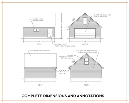 Architectural house plan diagram with front, side, and rear elevation views, labeled with dimensions and annotations such as east, north, west, and south sides. The image includes the text 'COMPLETE DIMENSIONS AND ANNOTATIONS' at the bottom.