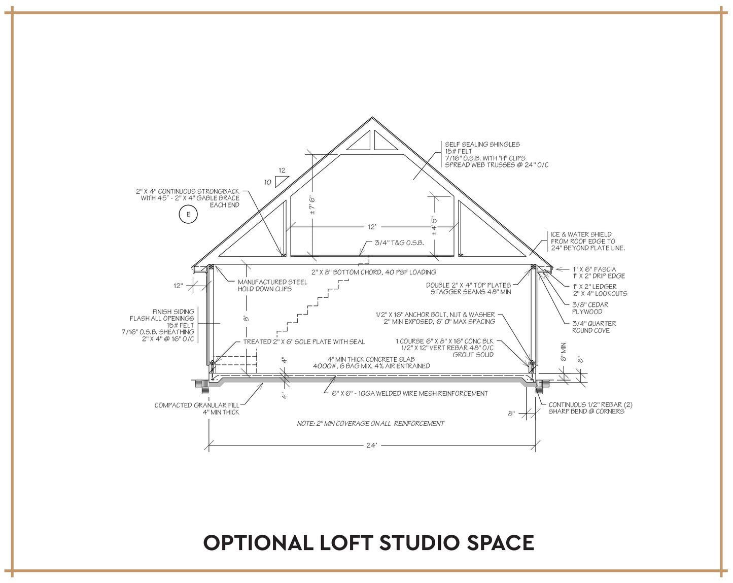 Architectural floor plan drawing of a house cross-section with loft studio space, labeled with measurements and notes, on a white background with a thin brown border.