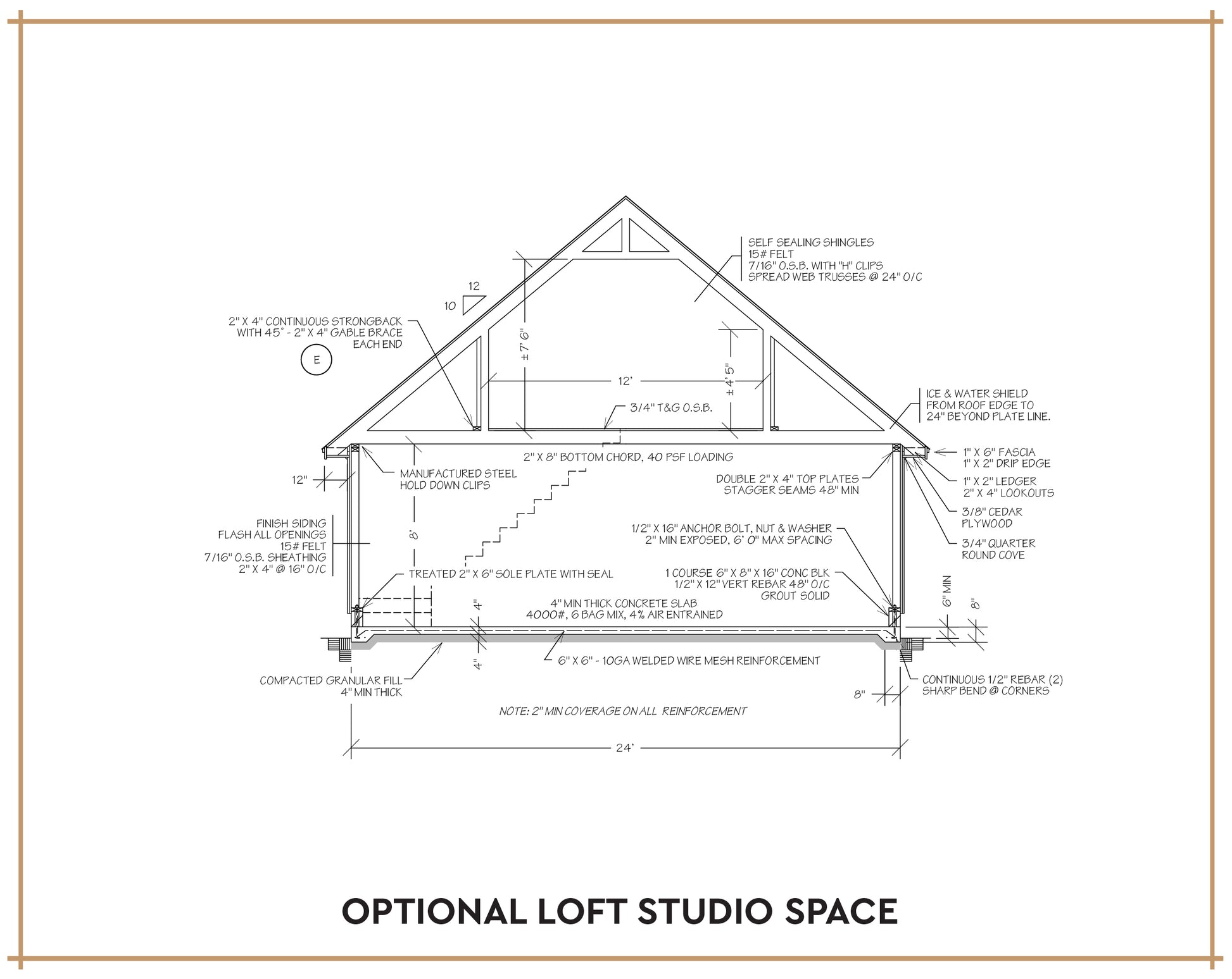 Architectural floor plan drawing of a house cross-section with loft studio space, labeled with measurements and notes, on a white background with a thin brown border.