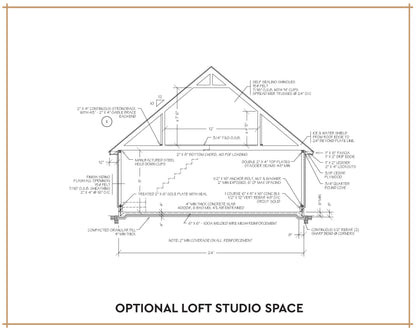 Architectural floor plan drawing of a house cross-section with loft studio space, labeled with measurements and notes, on a white background with a thin brown border.