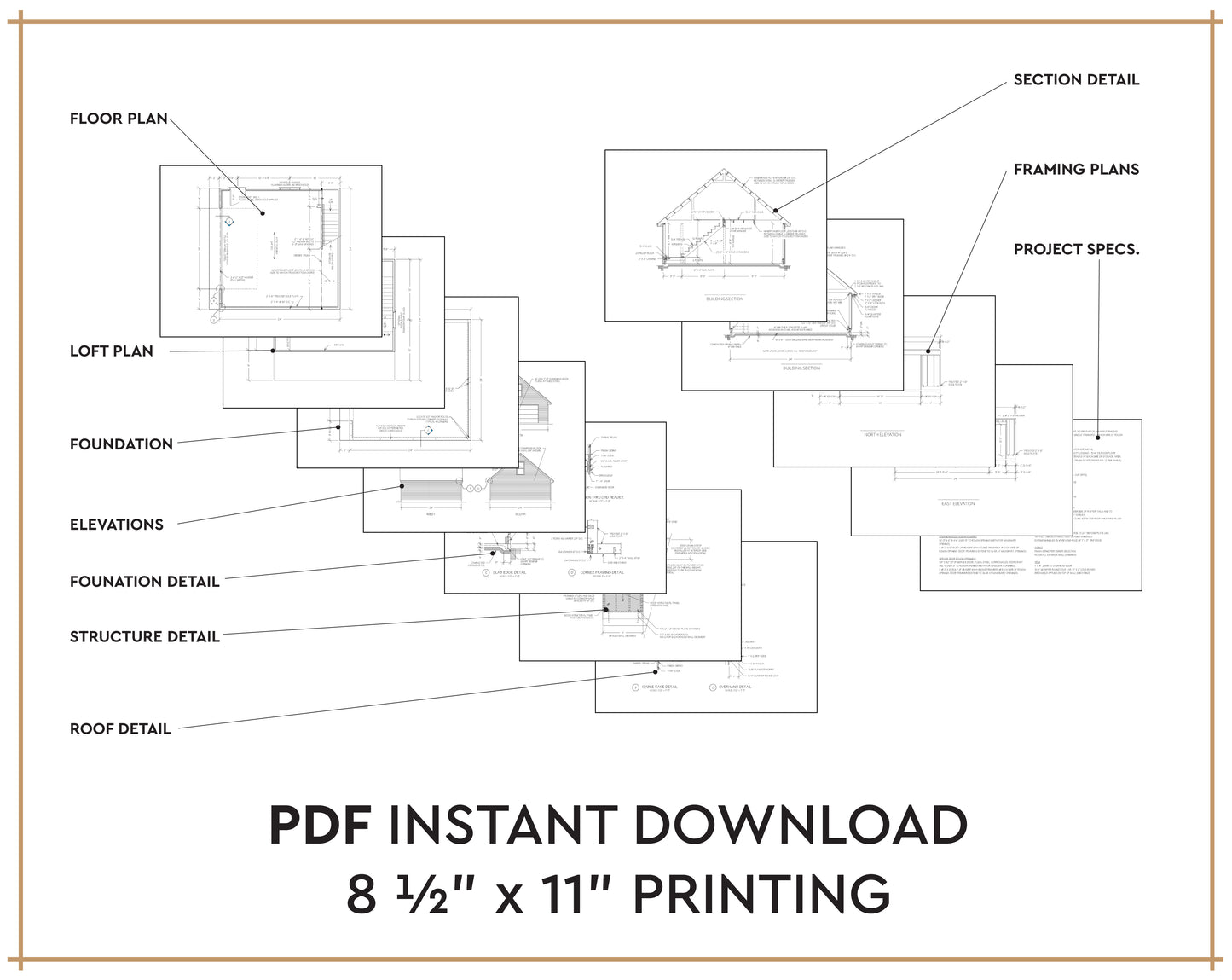 A digital listing graphic for a PDF instant download of architectural blueprints. The graphic shows layered sample plan drawings with labels pointing to floor plan, loft plan, foundation, elevations, structure detail, roof detail, framing plans, and section detail.